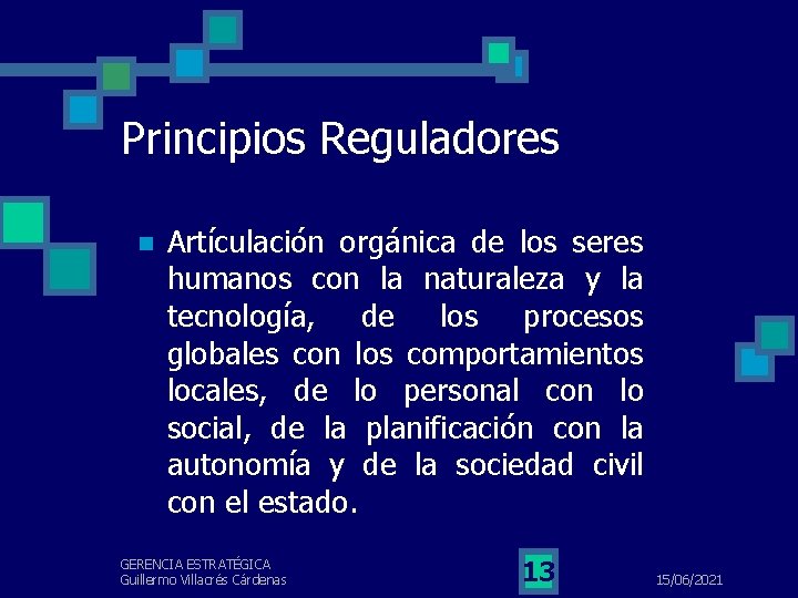 Principios Reguladores n Artículación orgánica de los seres humanos con la naturaleza y la