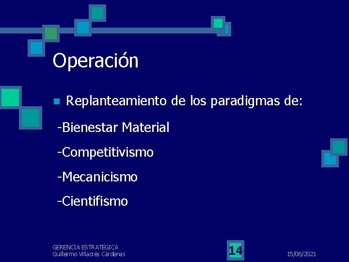 Operación n Replanteamiento de los paradigmas de: -Bienestar Material -Competitivismo -Mecanicismo -Cientifismo GERENCIA ESTRATÉGICA