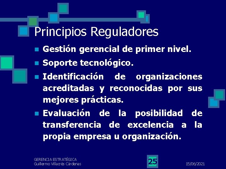 Principios Reguladores n Gestión gerencial de primer nivel. n Soporte tecnológico. n Identificación de