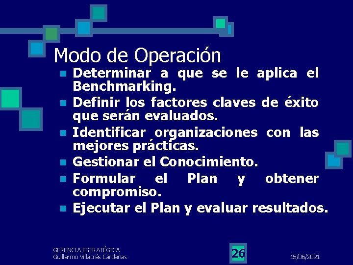 Modo de Operación n n n Determinar a que se le aplica el Benchmarking.