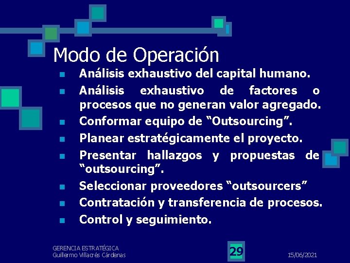 Modo de Operación n n n n Análisis exhaustivo del capital humano. Análisis exhaustivo