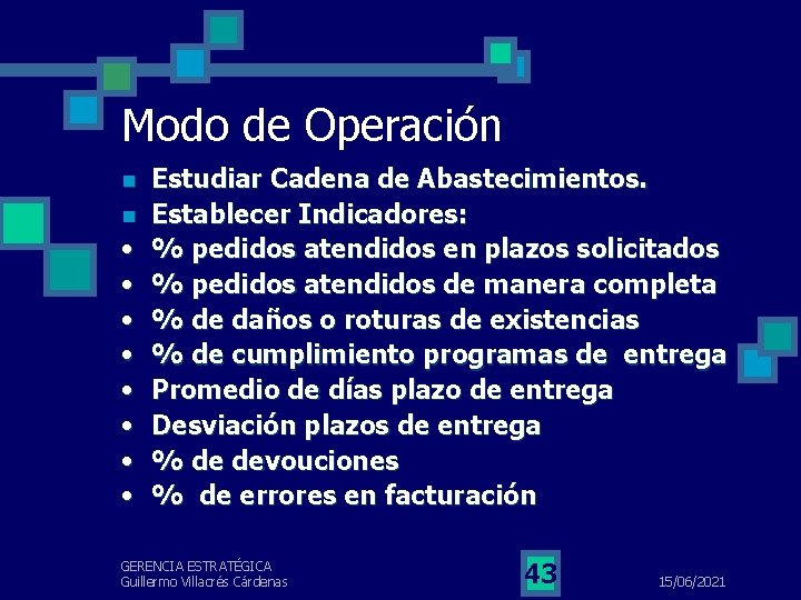 Modo de Operación n n • • Estudiar Cadena de Abastecimientos. Establecer Indicadores: %