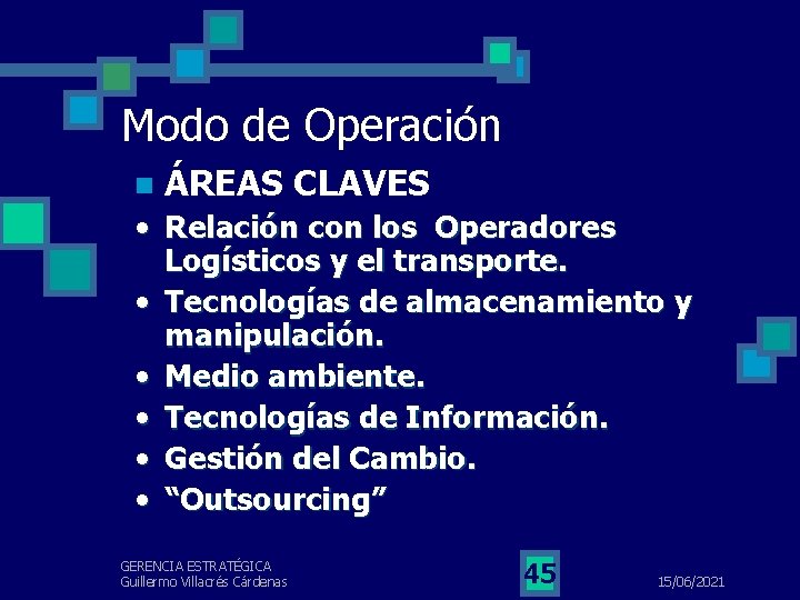 Modo de Operación n ÁREAS CLAVES • Relación con los Operadores Logísticos y el