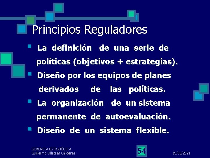 Principios Reguladores § La definición de una serie de políticas (objetivos + estrategias). §