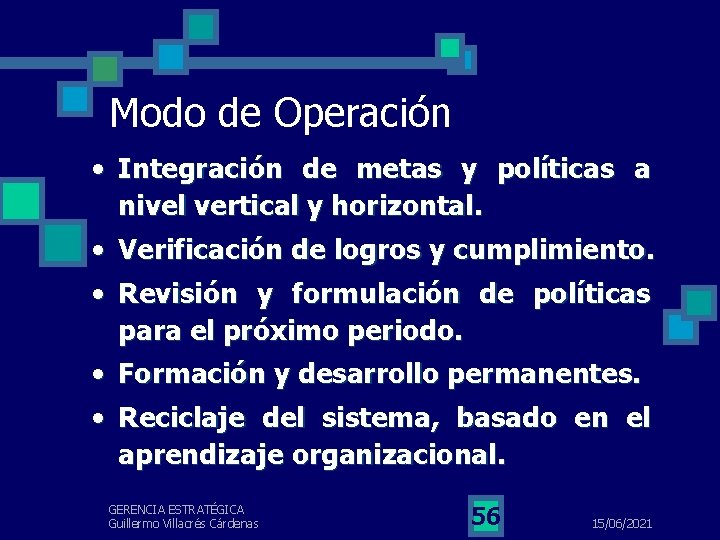 Modo de Operación • Integración de metas y políticas a nivel vertical y horizontal.