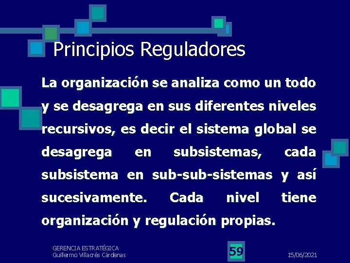 Principios Reguladores La organización se analiza como un todo y se desagrega en sus