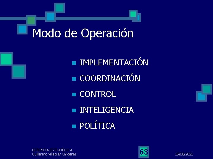 Modo de Operación n IMPLEMENTACIÓN n COORDINACIÓN n CONTROL n INTELIGENCIA n POLÍTICA GERENCIA