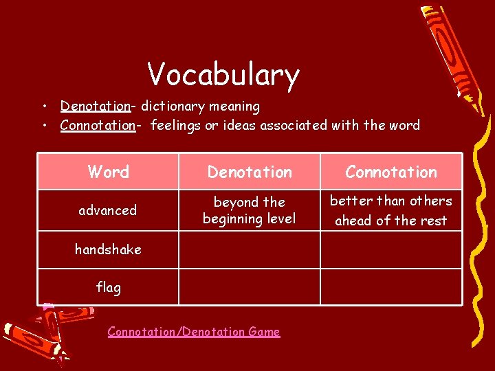 Vocabulary • Denotation- dictionary meaning • Connotation- feelings or ideas associated with the word