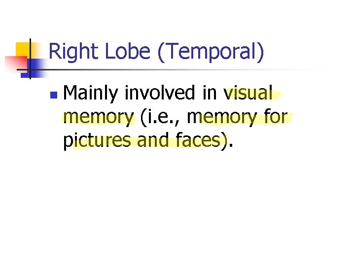 Right Lobe (Temporal) n Mainly involved in visual memory (i. e. , memory for