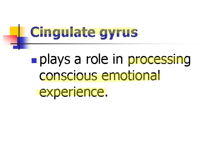 Cingulate gyrus n plays a role in processing conscious emotional experience. 