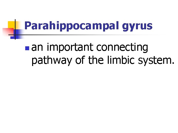 Parahippocampal gyrus n an important connecting pathway of the limbic system. 