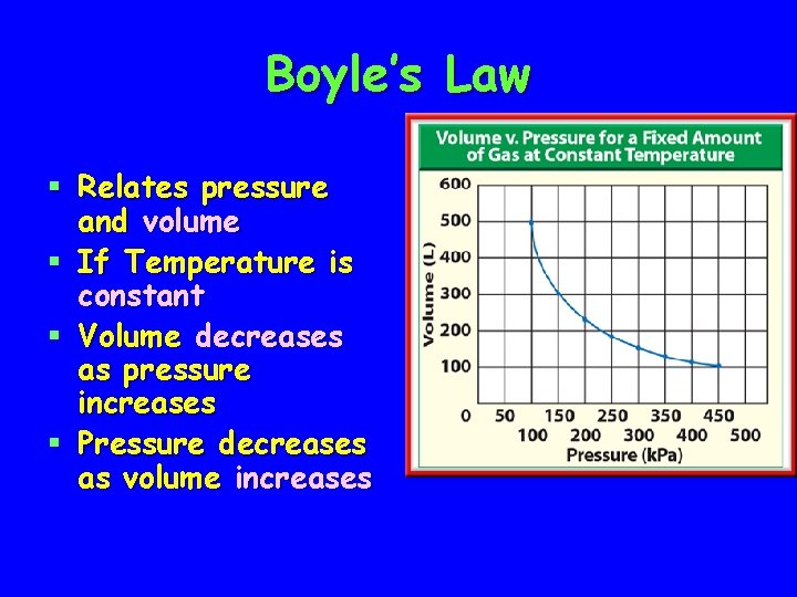 Boyle’s Law § Relates pressure and volume § If Temperature is constant § Volume