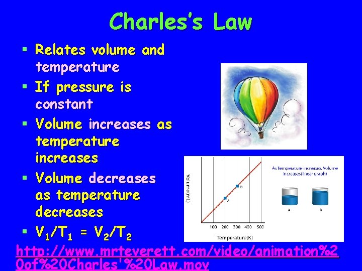 Charles’s Law § Relates volume and temperature § If pressure is constant § Volume