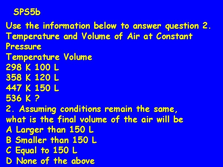 SPS 5 b Use the information below to answer question 2. Temperature and Volume
