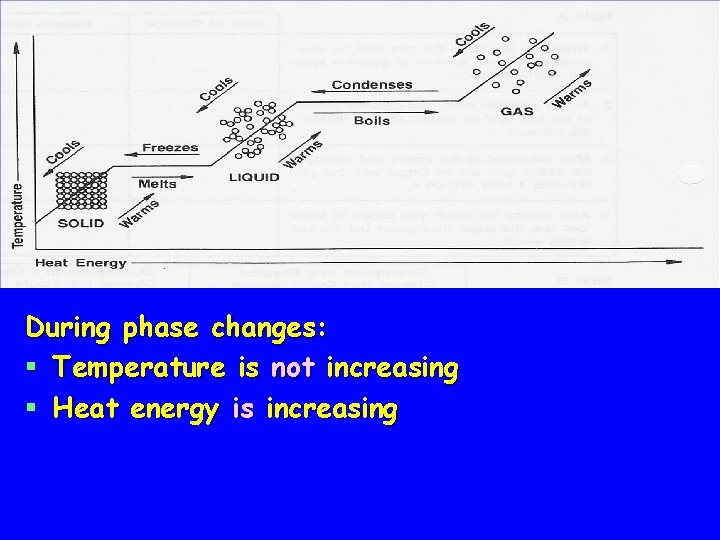 During phase changes: § Temperature is not increasing § Heat energy is increasing 