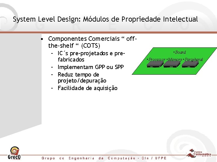 System Level Design: Módulos de Propriedade Intelectual • Componentes Comerciais “ offthe-shelf “ (COTS)