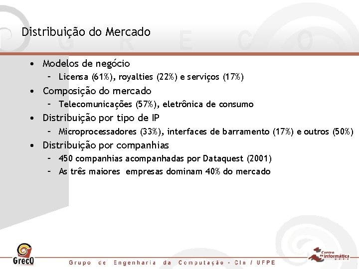 Distribuição do Mercado • Modelos de negócio – Licensa (61%), royalties (22%) e serviços