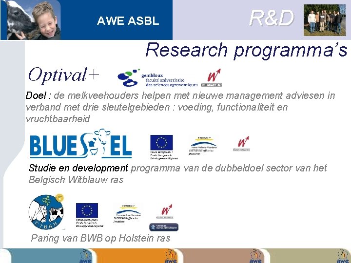 AWE ASBL R&D Research programma’s Optival+ Doel : de melkveehouders helpen met nieuwe management