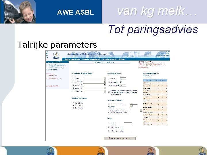 AWE ASBL van kg melk… Tot paringsadvies Talrijke parameters 