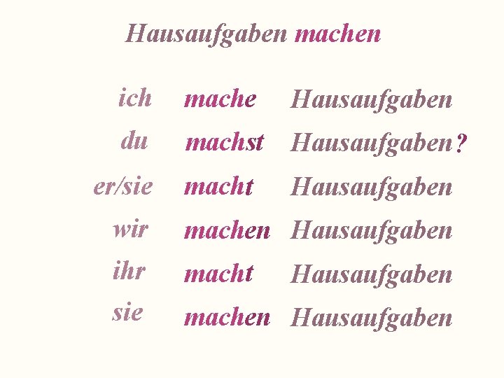 Hausaufgaben machen ich mache Hausaufgaben du machst Hausaufgaben ? macht Hausaufgaben er/sie wir machen