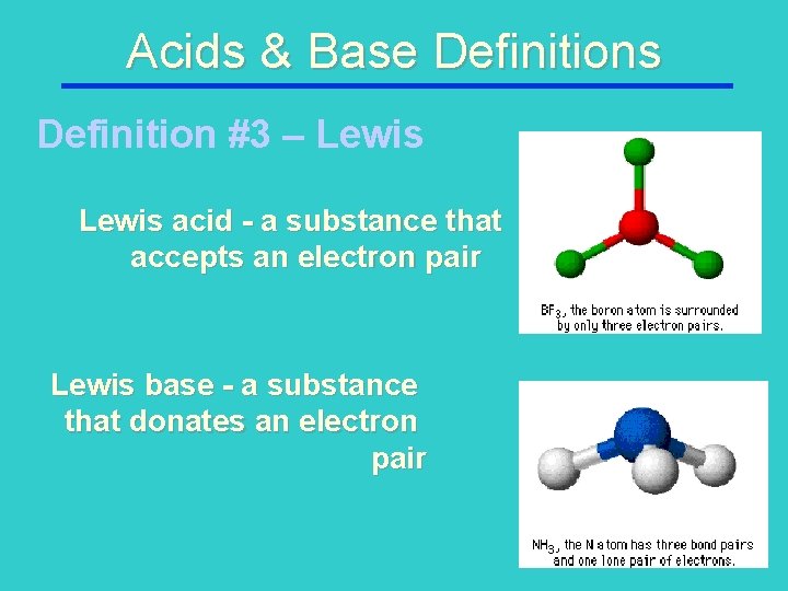 Acids & Base Definitions Definition #3 – Lewis acid - a substance that accepts