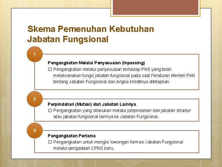 Skema Pemenuhan Kebutuhan Jabatan Fungsional 1 Pengangkatan Melalui Penyesuaian (Inpassing) � Pengangkatan melalui penyesuaian