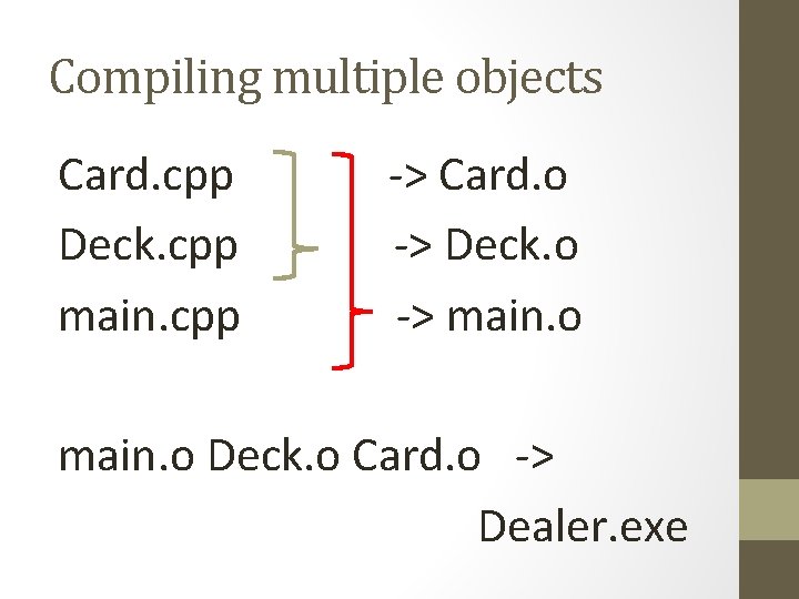 Compiling multiple objects Card. cpp Deck. cpp main. cpp -> Card. o -> Deck. Compiling multiple objects Card. cpp Deck. cpp main. cpp -> Card. o -> Deck.