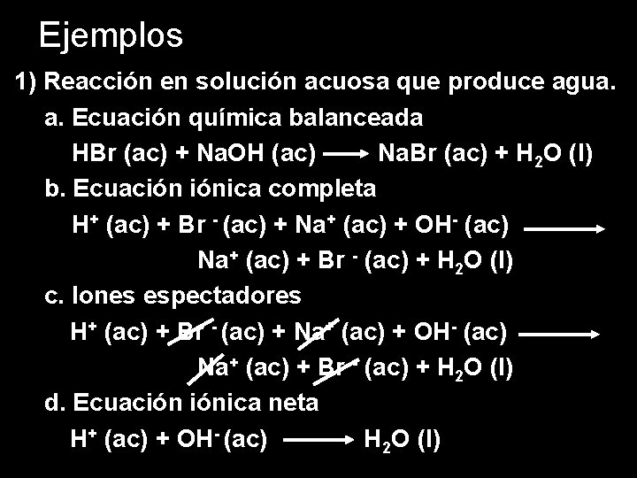 Ejemplos 1) Reacción en solución acuosa que produce agua. a. Ecuación química balanceada HBr