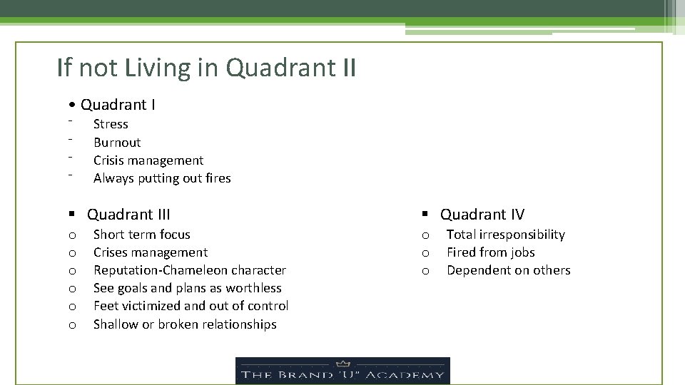 If not Living in Quadrant II • Quadrant I ⁻ ⁻ Stress Burnout Crisis
