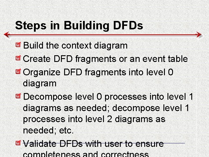 Steps in Building DFDs Build the context diagram Create DFD fragments or an event