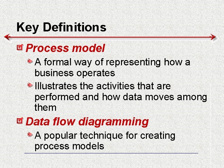Key Definitions Process model A formal way of representing how a business operates Illustrates