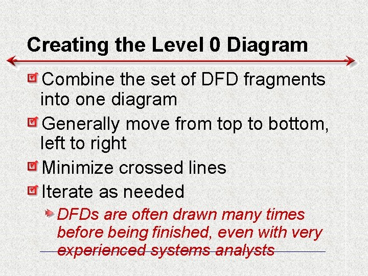 Creating the Level 0 Diagram Combine the set of DFD fragments into one diagram