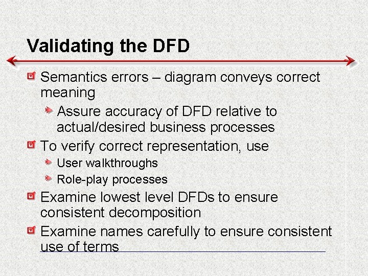 Validating the DFD Semantics errors – diagram conveys correct meaning Assure accuracy of DFD