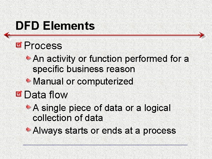 DFD Elements Process An activity or function performed for a specific business reason Manual