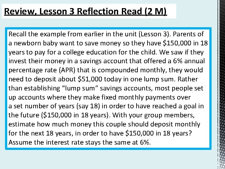 Review, Lesson 3 Reflection Read (2 M) Recall the example from earlier in the