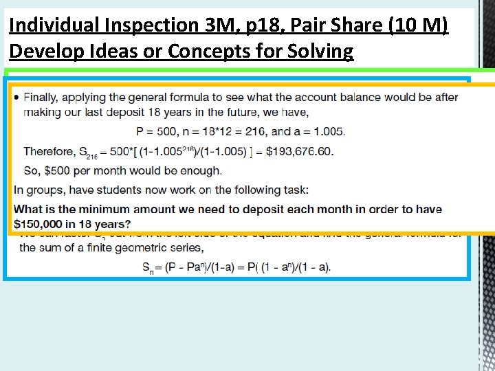 Individual Inspection 3 M, p 18, Pair Share (10 M) Develop Ideas or Concepts