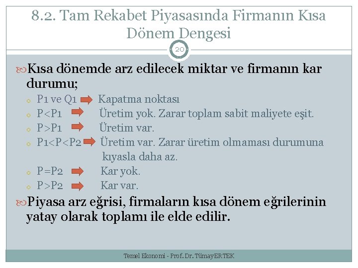 8. 2. Tam Rekabet Piyasasında Firmanın Kısa Dönem Dengesi 20 Kısa dönemde arz edilecek