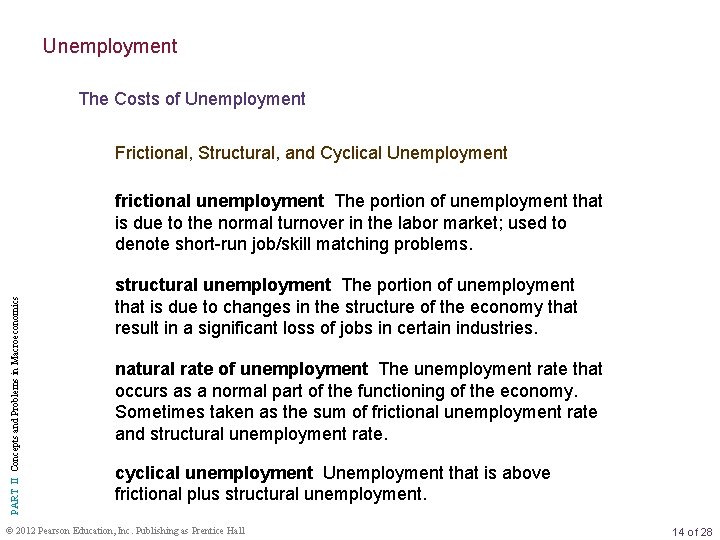 Unemployment The Costs of Unemployment Frictional, Structural, and Cyclical Unemployment PART II Concepts and