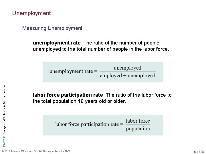 Unemployment Measuring Unemployment PART II Concepts and Problems in Macroeconomics unemployment rate The ratio