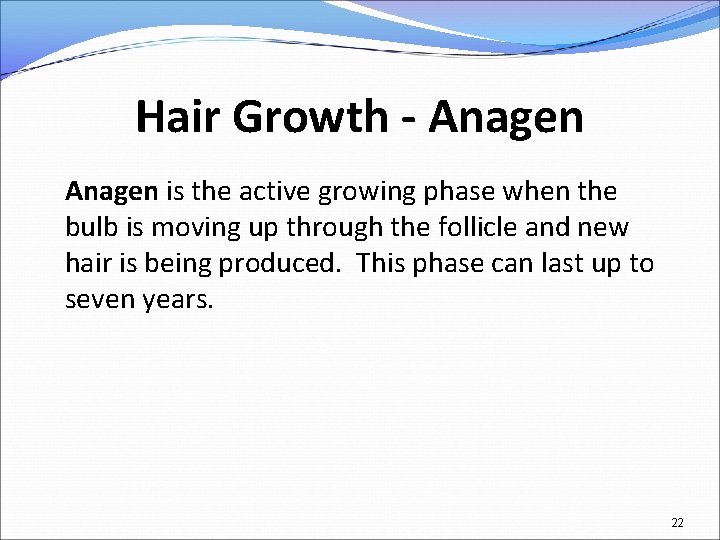 Hair Growth - Anagen is the active growing phase when the bulb is moving