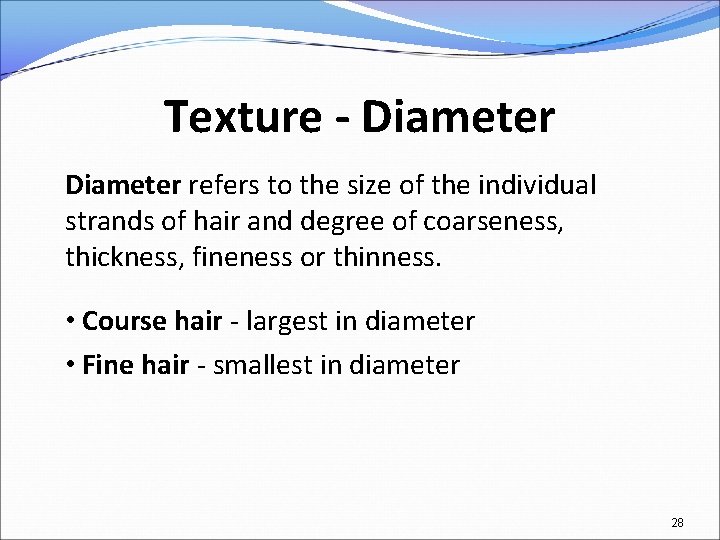 Texture - Diameter refers to the size of the individual strands of hair and