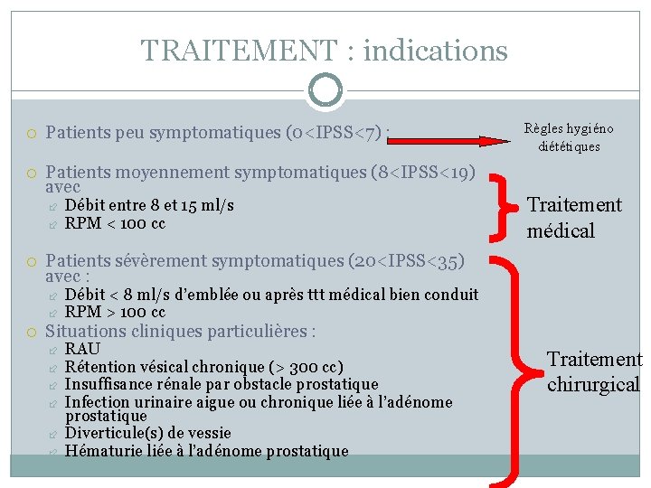 TRAITEMENT : indications Patients peu symptomatiques (0<IPSS<7) : Patients moyennement symptomatiques (8<IPSS<19) avec Traitement