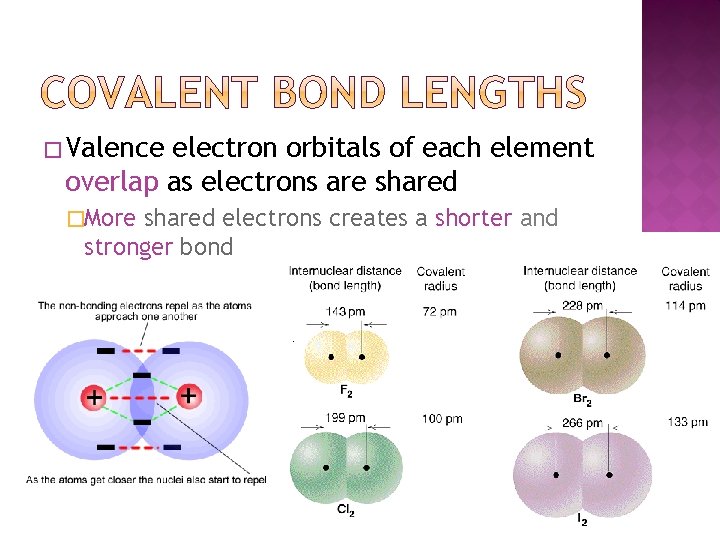 � Valence electron orbitals of each element overlap as electrons are shared �More shared � Valence electron orbitals of each element overlap as electrons are shared �More shared