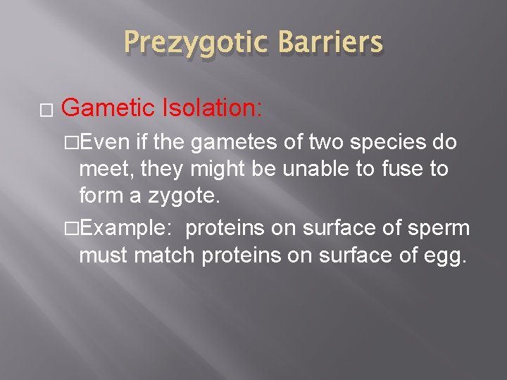 Prezygotic Barriers � Gametic Isolation: �Even if the gametes of two species do meet,