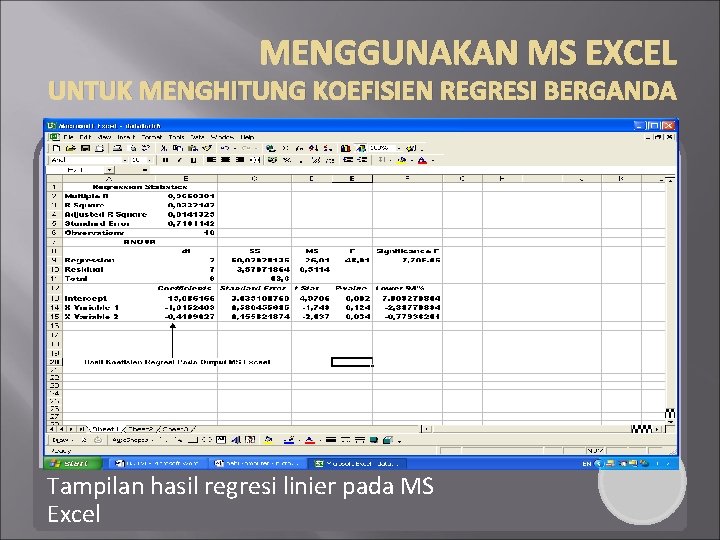 MENGGUNAKAN MS EXCEL UNTUK MENGHITUNG KOEFISIEN REGRESI BERGANDA Tampilan hasil regresi linier pada MS