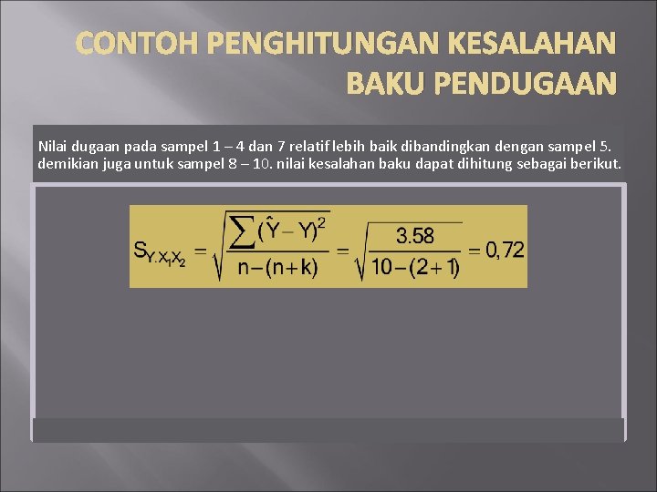 CONTOH PENGHITUNGAN KESALAHAN BAKU PENDUGAAN Nilai dugaan pada sampel 1 – 4 dan 7