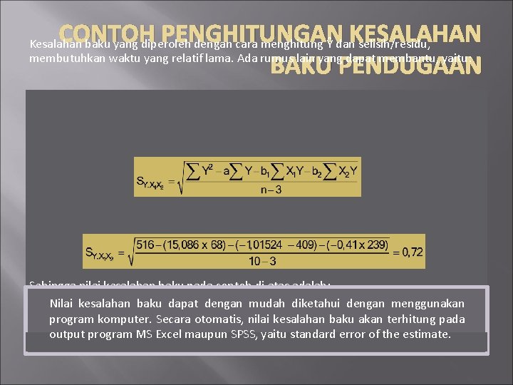 CONTOH PENGHITUNGAN KESALAHAN BAKU PENDUGAAN Kesalahan baku yang diperoleh dengan cara menghitung Ŷ dan