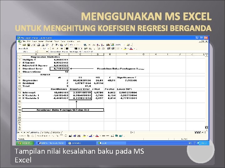 MENGGUNAKAN MS EXCEL UNTUK MENGHITUNG KOEFISIEN REGRESI BERGANDA Tampilan nilai kesalahan baku pada MS