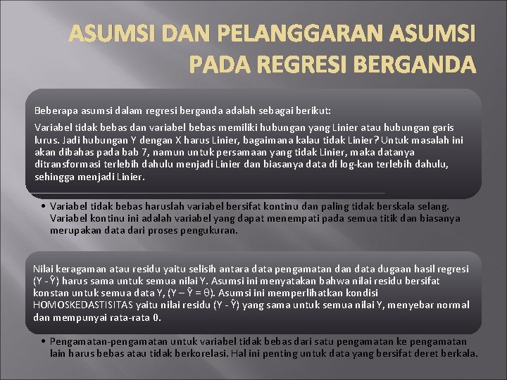 ASUMSI DAN PELANGGARAN ASUMSI PADA REGRESI BERGANDA Beberapa asumsi dalam regresi berganda adalah sebagai