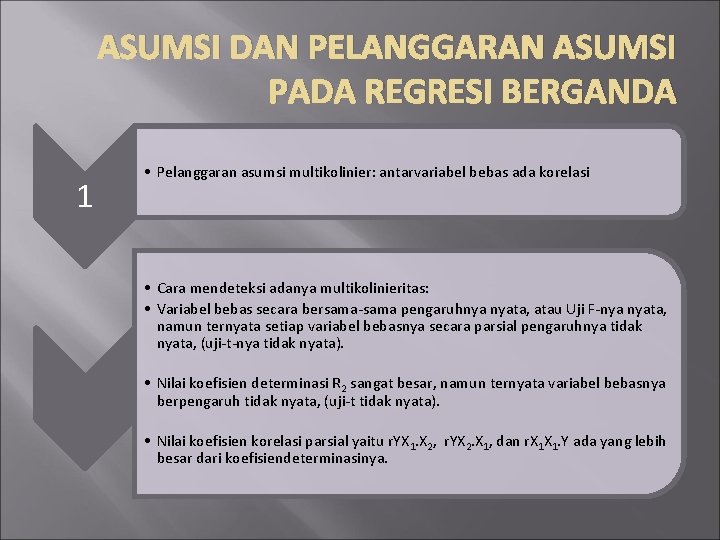 ASUMSI DAN PELANGGARAN ASUMSI PADA REGRESI BERGANDA 1 • Pelanggaran asumsi multikolinier: antarvariabel bebas